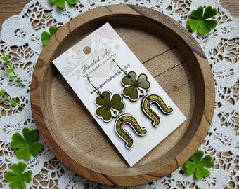 Hand-Painted Shamrock & Horseshoe Dangle Wood Engraved Earrings