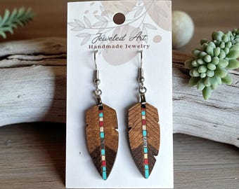 Hand-Painted Mohican Color Wooden Feather Earrings -Small