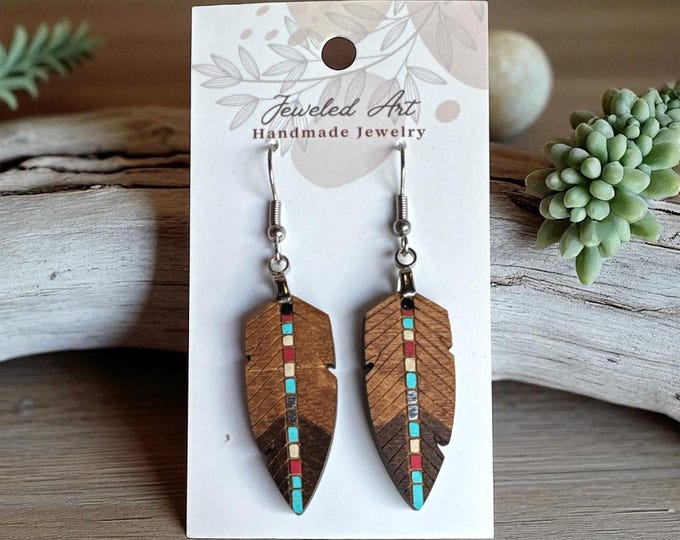 Hand-Painted Mohican Color Wooden Feather Earrings -Small