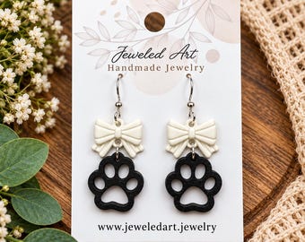 Paw Print Wood Earrings with White Bow