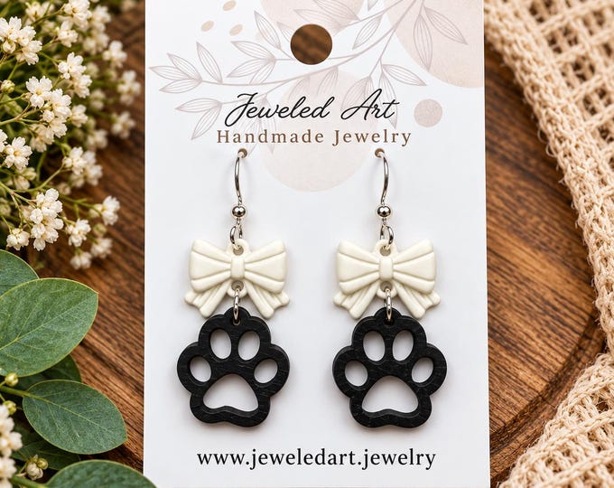Paw Print Wood Earrings with White Bow
