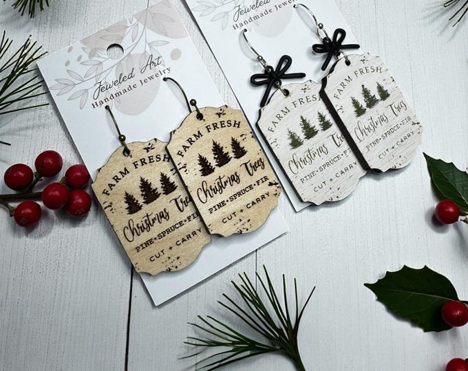 Hand-Painted Rustic Farm Fresh Christmas Tree Signs Engraved Wood Earrings