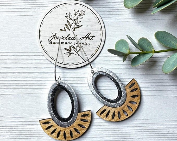 Hand-Painted Oval Sunburst Engraved Wooden Earrings – Jeweled Art Handmade