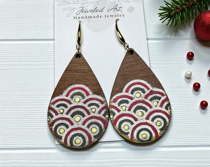 Hand-Painted Christmas Rustic Arches Wood Engraved Earrings