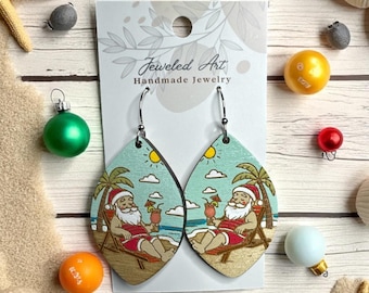 Hand-Painted Beach Santa Wood Earrings - Coastal Holiday