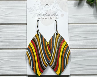 Hand-Painted Boho Striped Teardrop Wooden Earrings – Jeweled Art Handmade