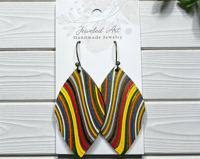 Hand-Painted Boho Striped Teardrop Wooden Earrings – Jeweled Art Handmade
