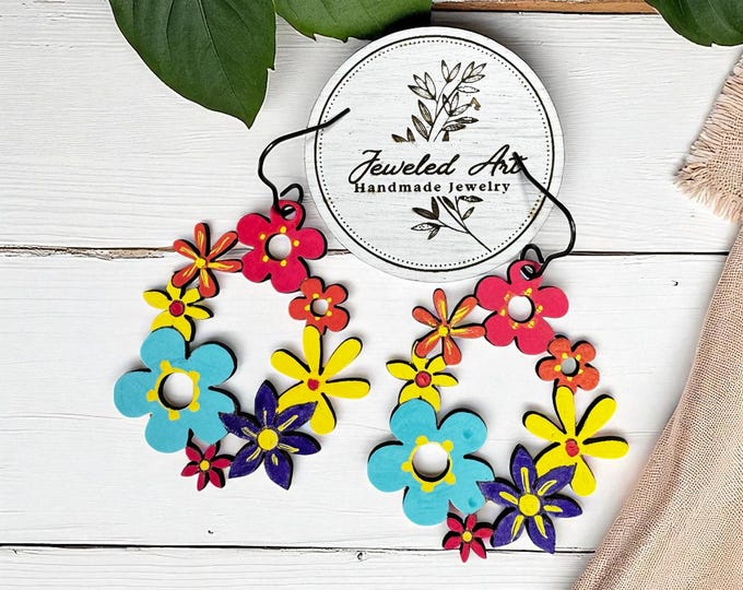Hand-Painted Floral Hoops Leather Dangle Earrings