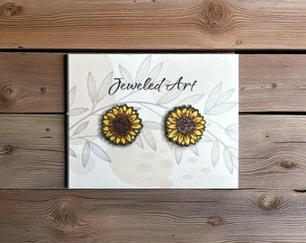 Hand-Painted Sunflower Wood Stud Earrings