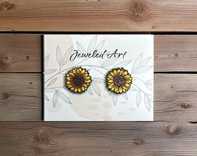 Hand-Painted Sunflower Wood Stud Earrings