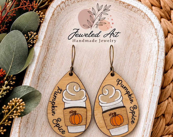 Hand-Painted Pumpkin Spice Latte Wood Earrings – Fall Coffee Teardrop Earrings