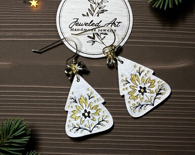Hand-Painted Gold Nordic Bloom Christmas/Winter Tree Engraved Wood Earrings