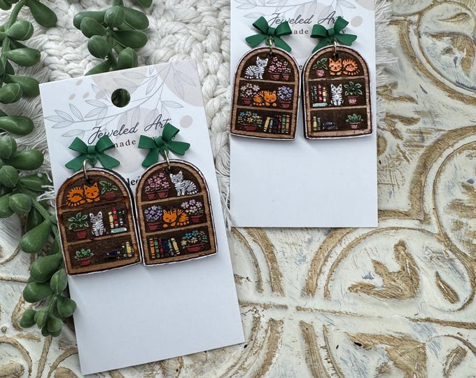 Cat & Bookshelf Earrings with Green Bow Accent