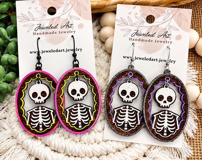 Skeleton Cameo Earrings – Hand-Painted Wooden Halloween Earrings