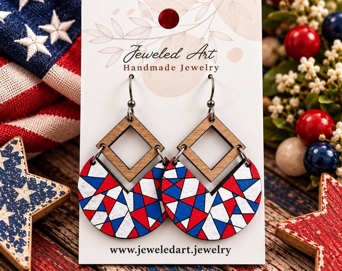 Patriotic Geometric Statement Earrings – Hand-Painted Wood – Jeweled Art Handmade