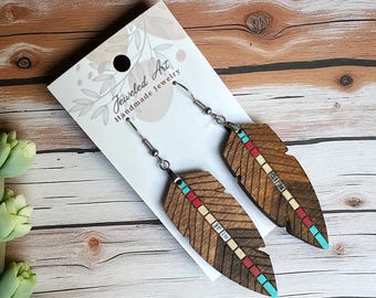 Hand-Painted Mohican Color Block Wooden Feather Earrings - Large