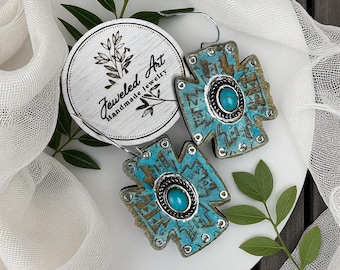 Hand-Painted Turquoise Trail Cross Wood Earrings