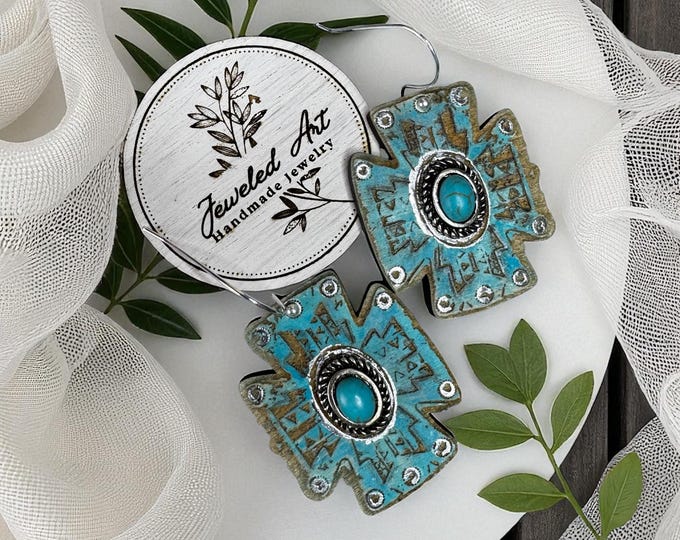 Hand-Painted Turquoise Trail Cross Wood Earrings