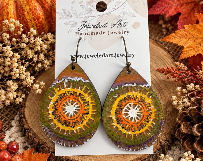 Boho Halloween Sunburst Teardrop Earrings – Hand-Painted Mandala Design – Jeweled Art Handmade