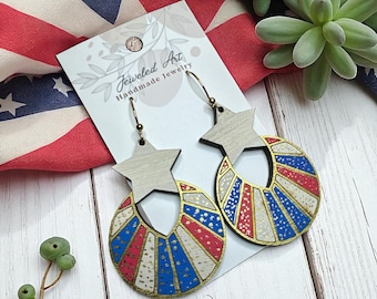 Hand-Painted Starburst Hoop Wood Earrings - Americana