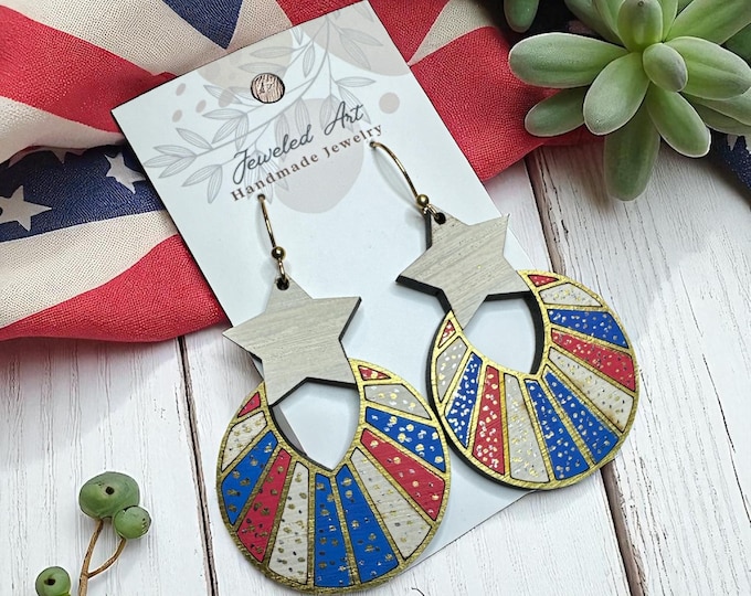 Hand-Painted Starburst Hoop Wood Earrings - Americana