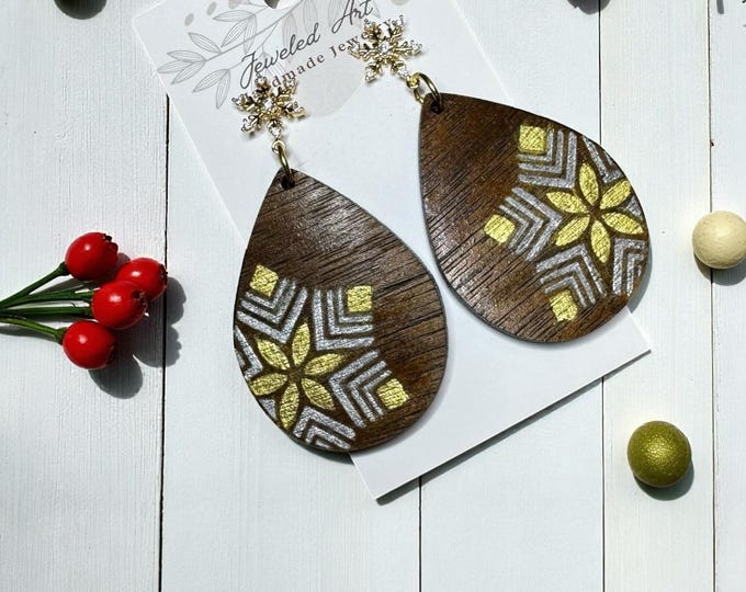 Hand-Painted Christmas Golden Snowflake Wooden Earrings