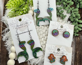 Mermaid Magic Earrings Collection – Hand-Painted Wood Earrings & Studs – Jeweled Art Handmade