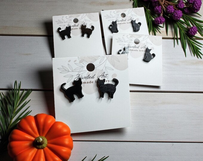 Hand-Painted Black Cat Wooden Stud Earrings – Jeweled Art Handmade