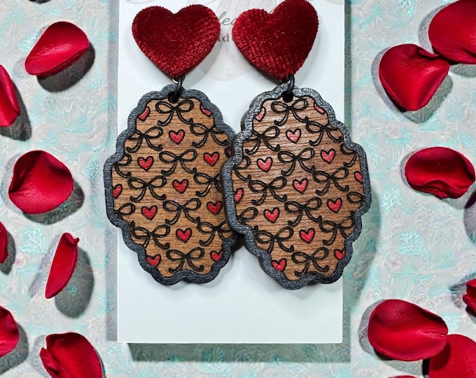 Hand-Painted Heart Damask Pattern Engraved Wood Earrings with Red Heart Stud - Valentine's Day