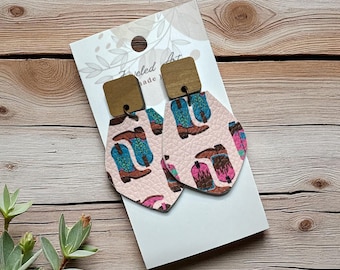 Cowboy Boot Printed Faux Leather and Wood Earrings