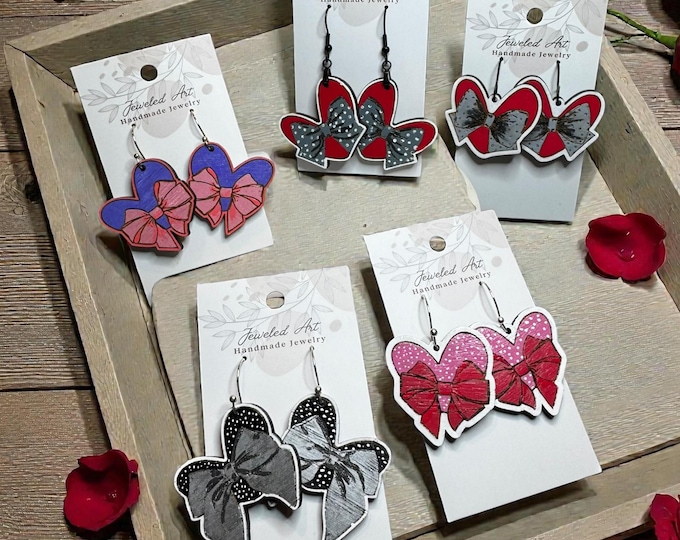 Hand-Painted Valentine Bows and Hearts Engraved Wood Statement Earrings