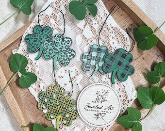 Patterned Shamrock Wood Earrings – Plaid, Leopard & Lattice - 3 Styles