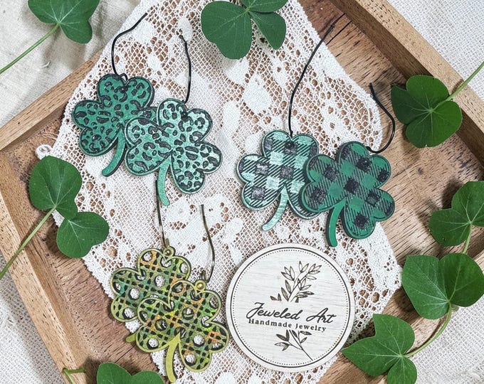 Patterned Shamrock Wood Earrings – Plaid, Leopard & Lattice - 3 Styles