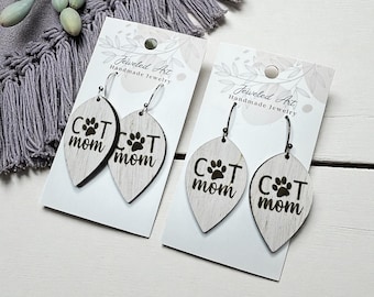 Hand-Painted White Washed Cat Mom Wooden Earrings