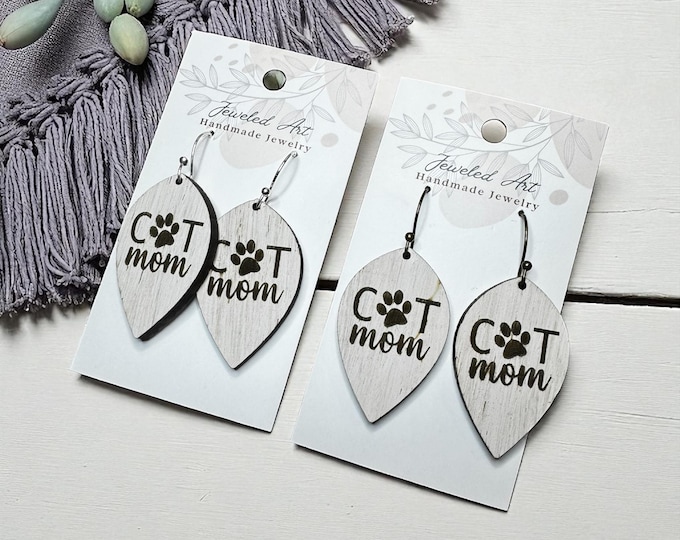 Hand-Painted White Washed Cat Mom Wooden Earrings