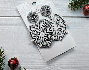 Hand-Painted Snowflake Wooden Earrings with Silver Sequined Stud – Jeweled Art Handmade