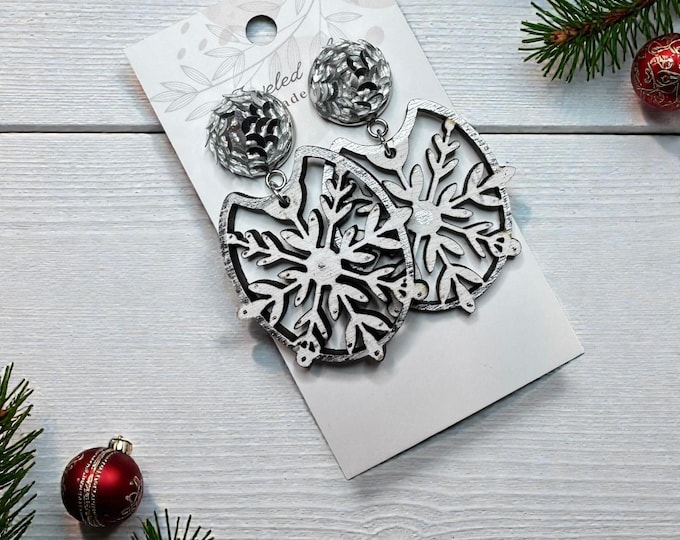 Hand-Painted Snowflake Wooden Earrings with Silver Sequined Stud – Jeweled Art Handmade