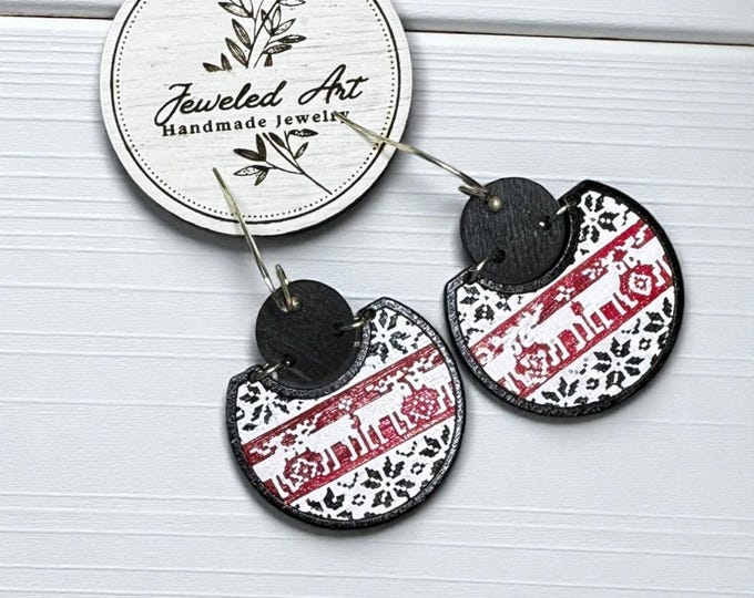 Hand-Painted Nordic Reindeer Sweater Engraved Wood Earrings – Christmas