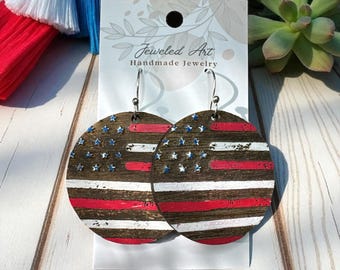 Hand-Painted Rustic American Flag Wood Dial Earrings – Americana