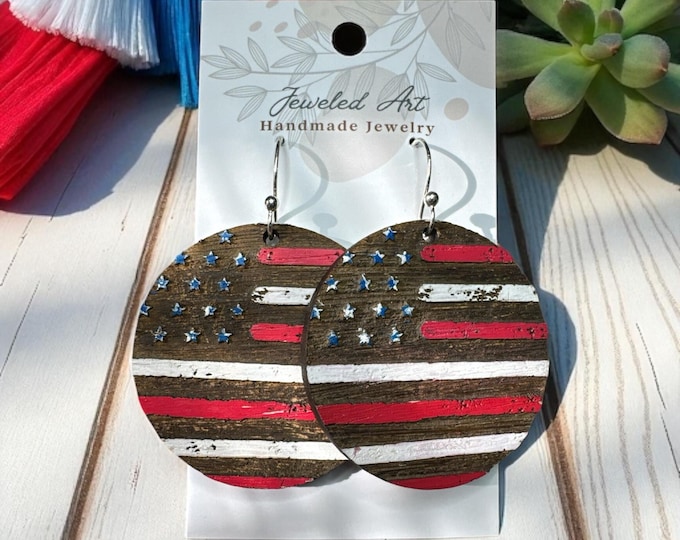 Hand-Painted Rustic American Flag Wood Dial Earrings – Americana
