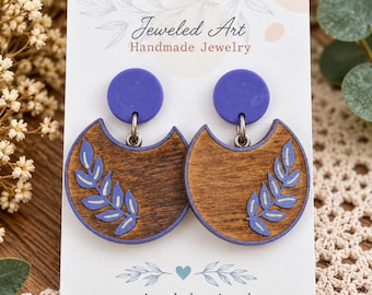 Hand-Painted Dark Lavender Moon Engraved Leaf Wood Earrings - 2 Style Colors