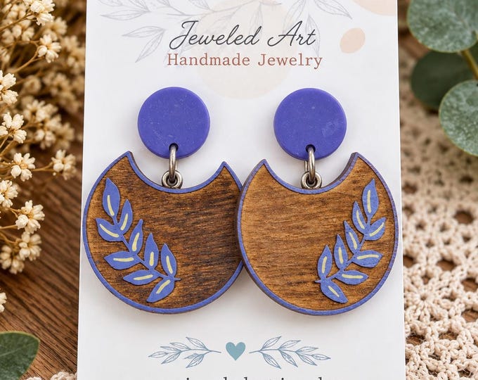 Hand-Painted Dark Lavender Moon Engraved Leaf Wood Earrings - 2 Style Colors