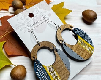 Hand-Painted Geometric Boho Hoop Wood Engraved  Earrings – Jeweled Art Handmade