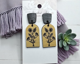Engraved Wildflower Wood Earrings