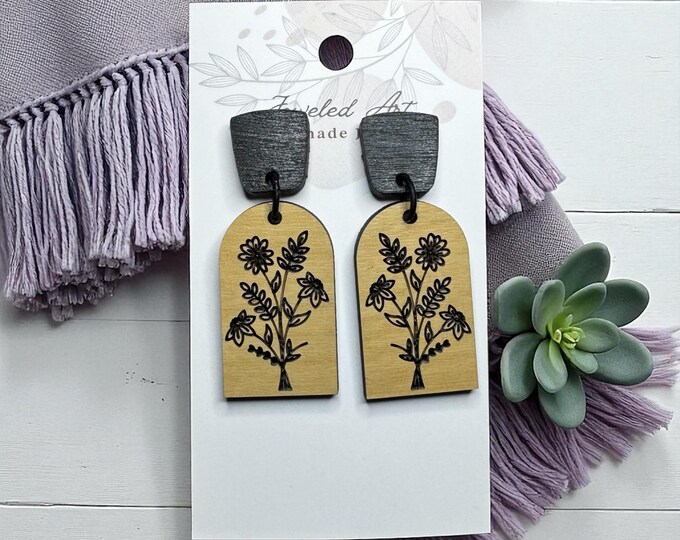 Engraved Wildflower Wood Earrings