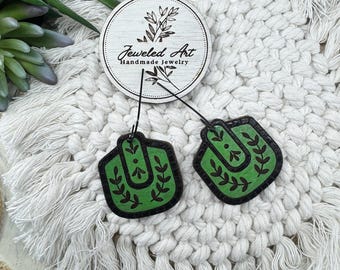 Botanical Green U-Shaped Earrings – Hand-Painted Wood – Jeweled Art Handmade