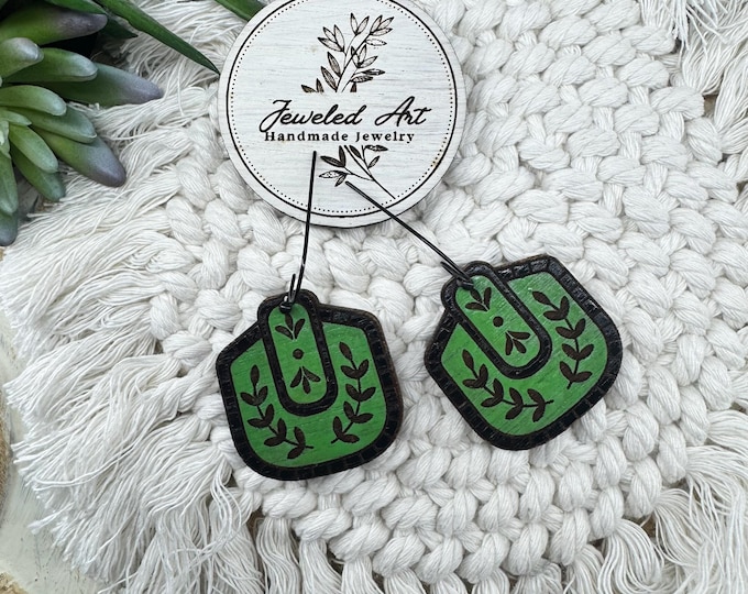 Botanical Green U-Shaped Earrings – Hand-Painted Wood – Jeweled Art Handmade