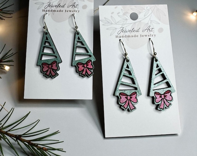 Hand-Painted Turquoise Christmas Tree Earrings with Pink Bows