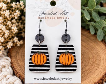 Wood Pumpkin Earrings, Black and White Striped Fall Dangle Earrings
