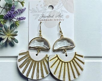 Hand-Painted Golden Sunburst Statement Wood Earrings